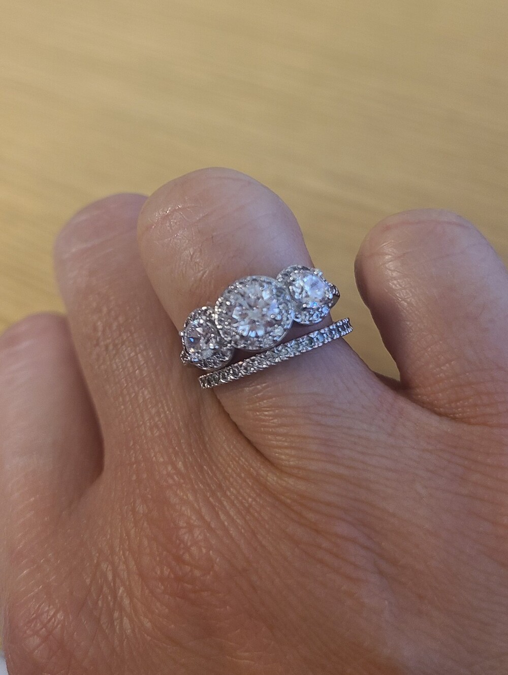 Three-Stone Round Cut Rhinestone Engagement Ring with Silver Tone Band - White